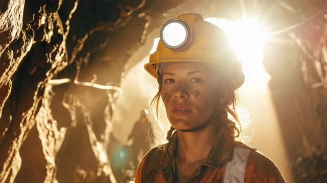 Portrait of a hardworking female miner in a dusty underground mine