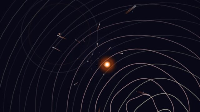 Night sky with glowing orange orb and curling isobar lines