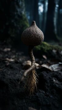 Oak Acorn Roots. Seed Germination & New Life Emerging from Soil. Legacy & Mindset. A split acorn on the ground with a thick, powerful taproot diving into the soil, set in a deep forest during twilight