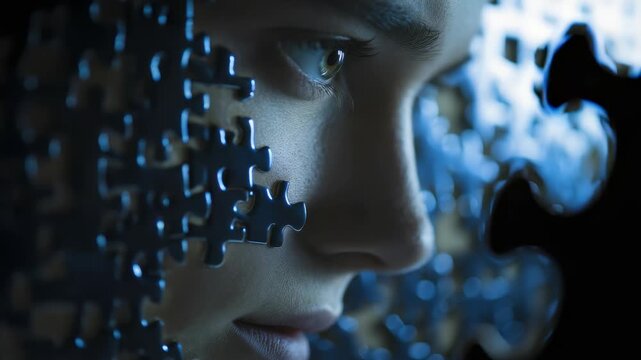 A detailed human face emerges from interlocking blue puzzle pieces, representing the fusion of technology and humanity. The image conveys innovation, complexity, and the future of AI integration