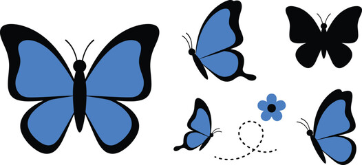 Blue Butterfly Vector Illustration Set with Flying Morpho Butterflies Silhouette and Spring Flower Icons for Nature and Garden Design © ABDUL HAKIM