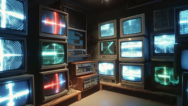 A dark room with a stack of vintage cathode-ray tube monitors. Electronic interference and distorted crosshair pictures are displayed on several displays.
