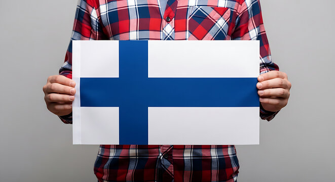 Individual displaying the Nordic cross flag of Finland, representing the country's lakes and snow in a clean studio setting.
