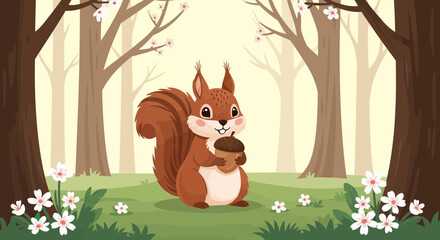 Cute cartoon squirrel holding acorn in forest with flowers © Azrha