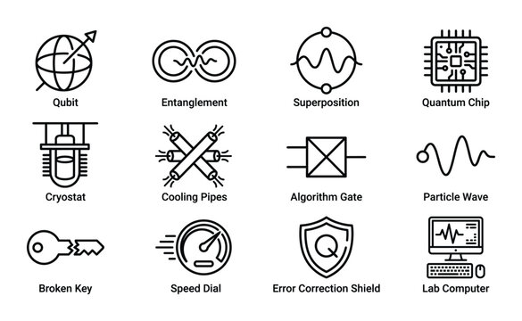 Quantum computing vector icon set line style technology qubit entanglement superposition and more
