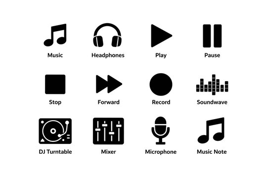 Music icon set featuring headphones, play, pause, dj turntable, and microphone