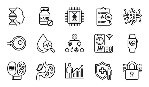 Set of bioengineering icons outline style molecular biology and genetic modification