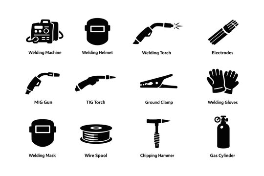 Black silhouette icons of welding equipment including tools and protective gear