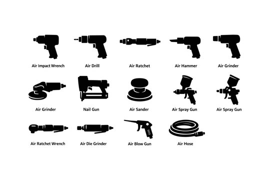 Air tools collection: impact wrench, drill, ratchet, hammer, grinder, nail gun, sander, spray gun, hose