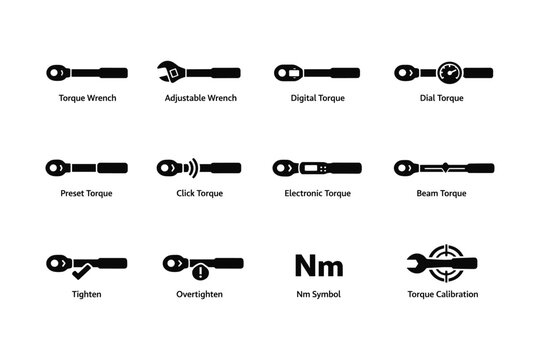 Torque wrench icons: adjustable, digital, dial, preset, calibration tools