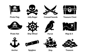 Obraz premium Pirate icons: flag, jolly roger, swords, treasure chest, hat, ship wheel, parrot, map, anchor, spyglass, ship, coins