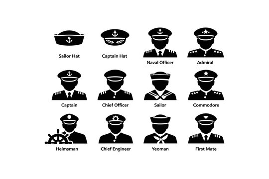 Nautical rank icons: sailor, captain, admiral, commodore, helmsman