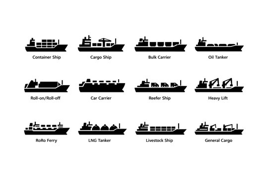 Silhouettes of various cargo and transport ships with different functions
