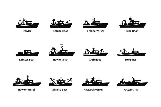 Silhouettes of various fishing boats and vessels including trawler, tuna, and crab boats