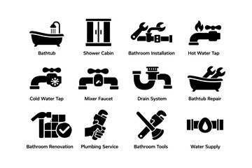 Bathroom icons set featuring bathtub, shower cabin, faucet, and plumbing tools