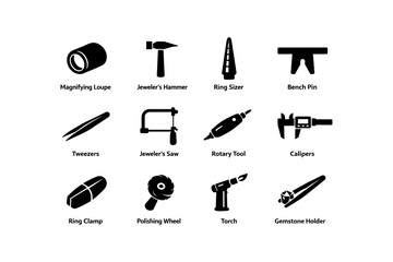 Fototapeta premium Jewelry making tools: loupe, hammer, sizer, pin, tweezers, saw, rotary, calipers, clamp, wheel, torch, holder
