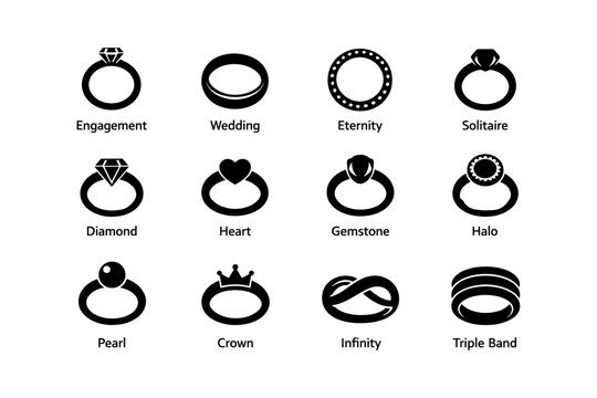 Icon set of 12 stylish ring designs including diamond, heart, and halo