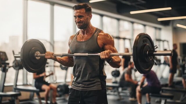Strong man weightlifting at gym, muscular adult male fitness training, strength determination, sweat workout exercise