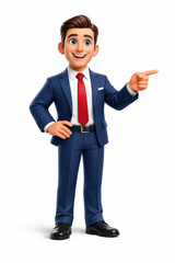A cheerful animated businessman in a suit pointing.