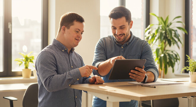 Man with Down Syndrome and colleague collaborate on tablet in modern office, diversity in business.