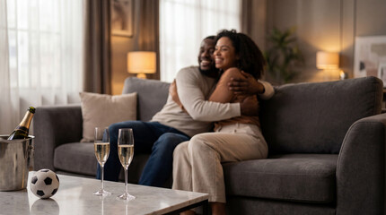 Obraz premium Couple Celebrating Soccer Victory in Luxury Modern Loft Apartment