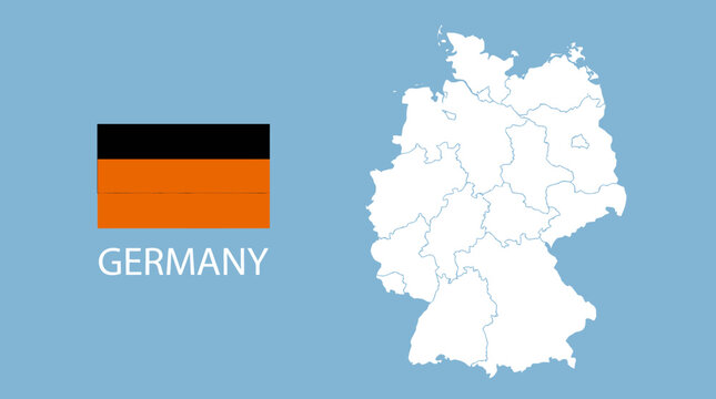 Germany Flag and Outline Map with Federal States on Blue Background