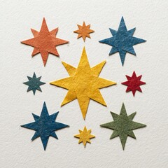 Obraz premium Scattered colorful textured paper stars of various sizes arranged whimsically