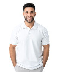 Fototapeta premium A friendly man smiles confidently, wearing a plain white polo shirt, showcasing a positive and approachable demeanor.