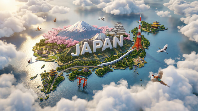 Concept of Japan displayed as 3D map with Mount Fuji, cherry blossoms, Tokyo Tower, and temples. Cloudy sky setting presents travel destination theme. Concept of tourism, travel, geography