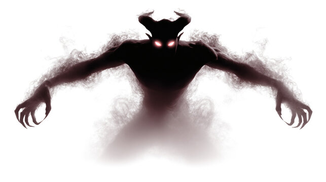 Dark demon silhouette with glowing eyes and smoke aura