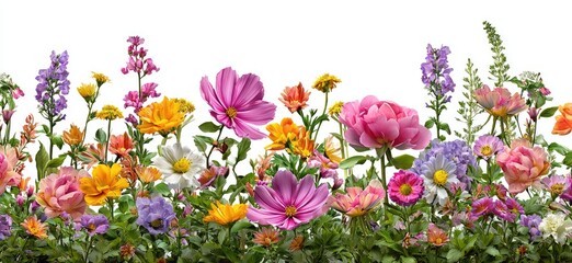 A vibrant border of diverse wildflowers in full bloom against a white background