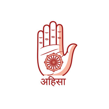 Celebrating Mahavir Jayanti with a symbol of peace and non-violence, featuring a hand with a dharmachakra and ahimsa text, illustration artwork