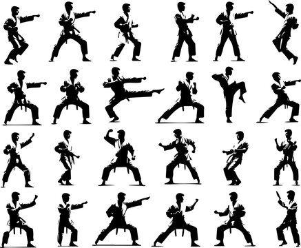 Detailed Vector Silhouettes of Karate Athletes Practicing Traditional Forms, Katas, and Combat Movements