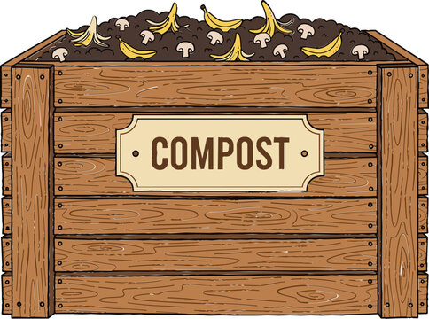 Wooden compost bin vector illustration filled with organic food waste, eco friendly recycling and composting concept for gardening, sustainability and environmental education design