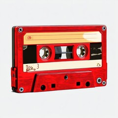 Naklejka premium Vintage red cassette tape with worn labels, isolated on a white background