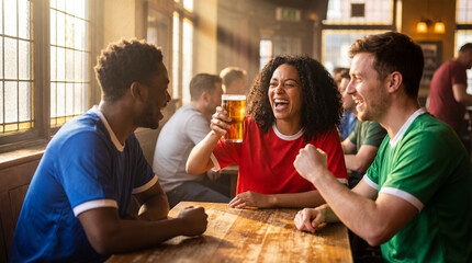 Obraz premium Happy Diverse Friends in Jerseys Cheering with Beer at Pub