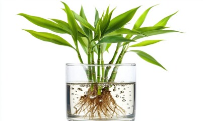 Fototapeta premium Small bamboo plant growing in water inside glass container indoor decor