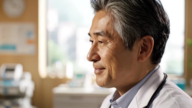 Closeup profile view of happy mature Japanese man doctor thinking