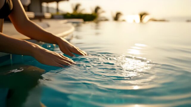 SLOW MOTION CLOSE UP: Unrecognizable young girl caressing water with soft hands and sliding with fingers on its surface on sunny summer day. Enjoying and relaxing in infinity pool at luxury resort