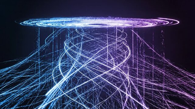 Glowing neon lines swirling around a circular platform in a dark environment from a high viewpoint