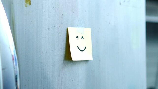 Person taping happy face sticky note to metallic fridge door