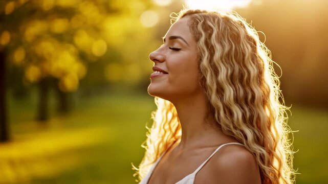 Beautiful young woman with long blond hair takes a deep breath with her eyes closed.