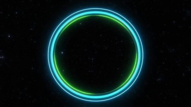 Neon green and blue circle light installation against a starry night sky background for advertising or presentation