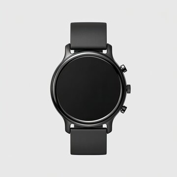 Sleek, black smartwatch with a circular touchscreen on a plain background