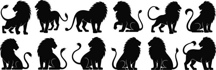 Lion silhouette set with multiple standing and sitting poses isolated on white background, black wild animal vector illustration collection for safari and wildlife design © Shoentesh