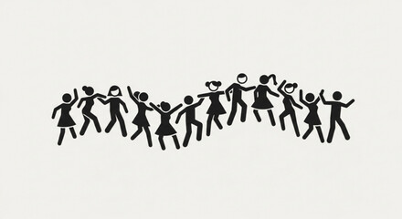 Diverse group of people dancing together in a joyful celebration hands raised in the air on a plain background