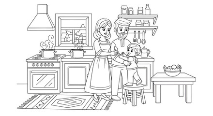 Obraz premium Family Cooking Time in Cozy Kitchen Illustration