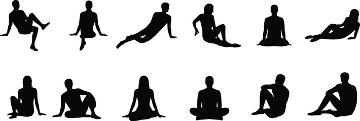 Set of male and female sitting silhouettes in various relaxed poses isolated on white background, black vector illustration collection for lifestyle and body language design © Shoentesh