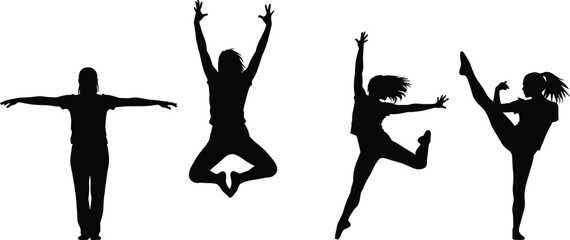 Silhouette collection of girls performing energetic dance and jump poses showing flexibility, motion, balance, and freedom, ideal for fitness, choreography, performance, and active lifestyle concepts. © Shoentesh