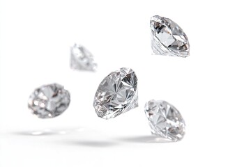 Five brilliant-cut gemstones sparkle and float against a stark white background